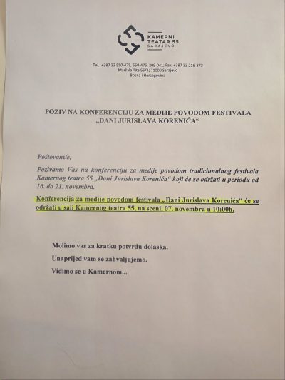 Read more about the article POZIV NA KONFERENCIJU ZA MEDIJE POVODOM FESTIVALA “DANI JURISLAVA KORENIĆA”